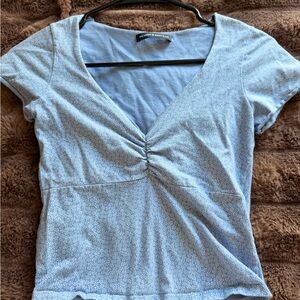 Brandy Melville Pale Blue V-Neck Ruched Short Sleeve Top